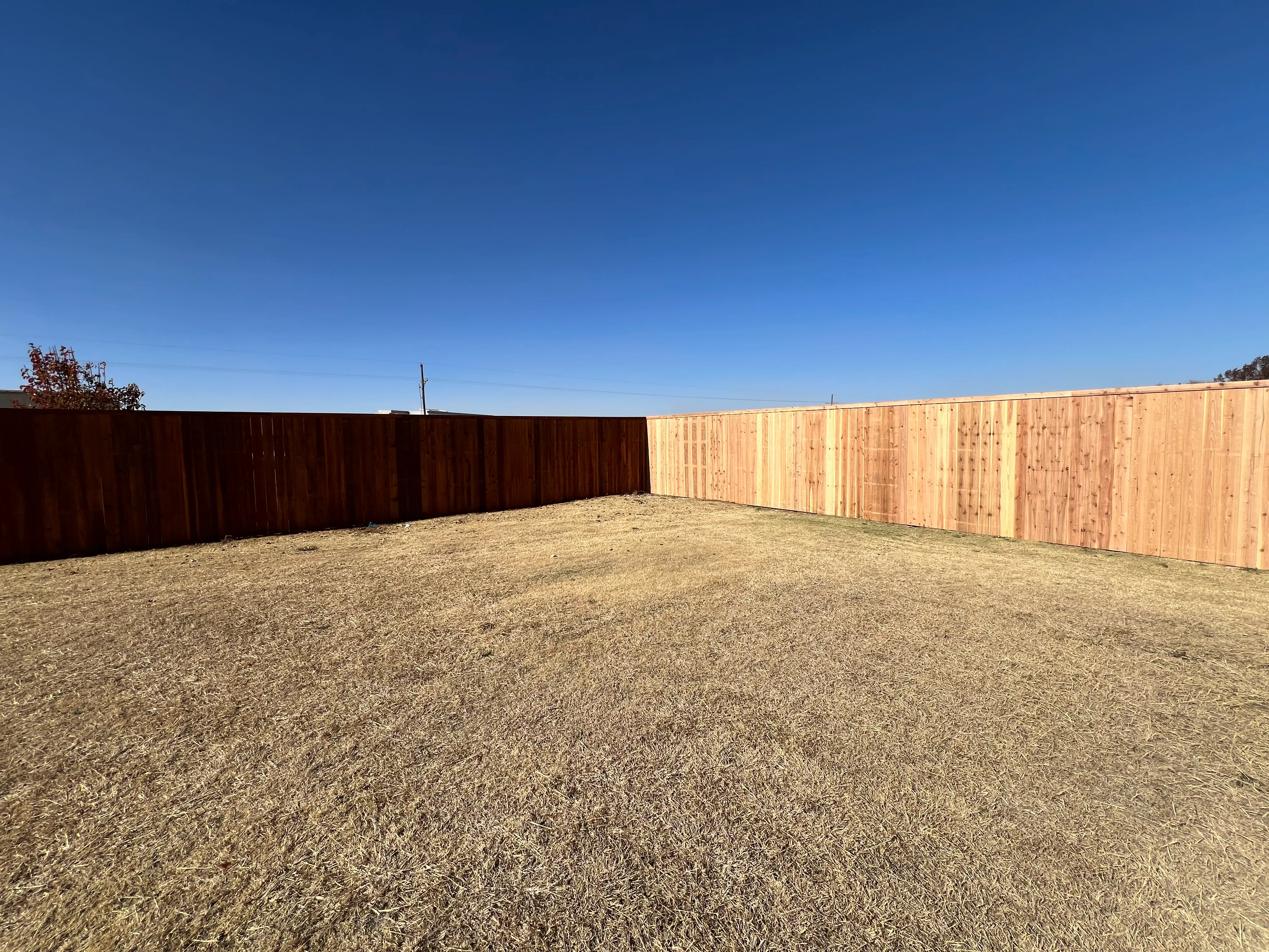 Property line fence view across approximately one acre