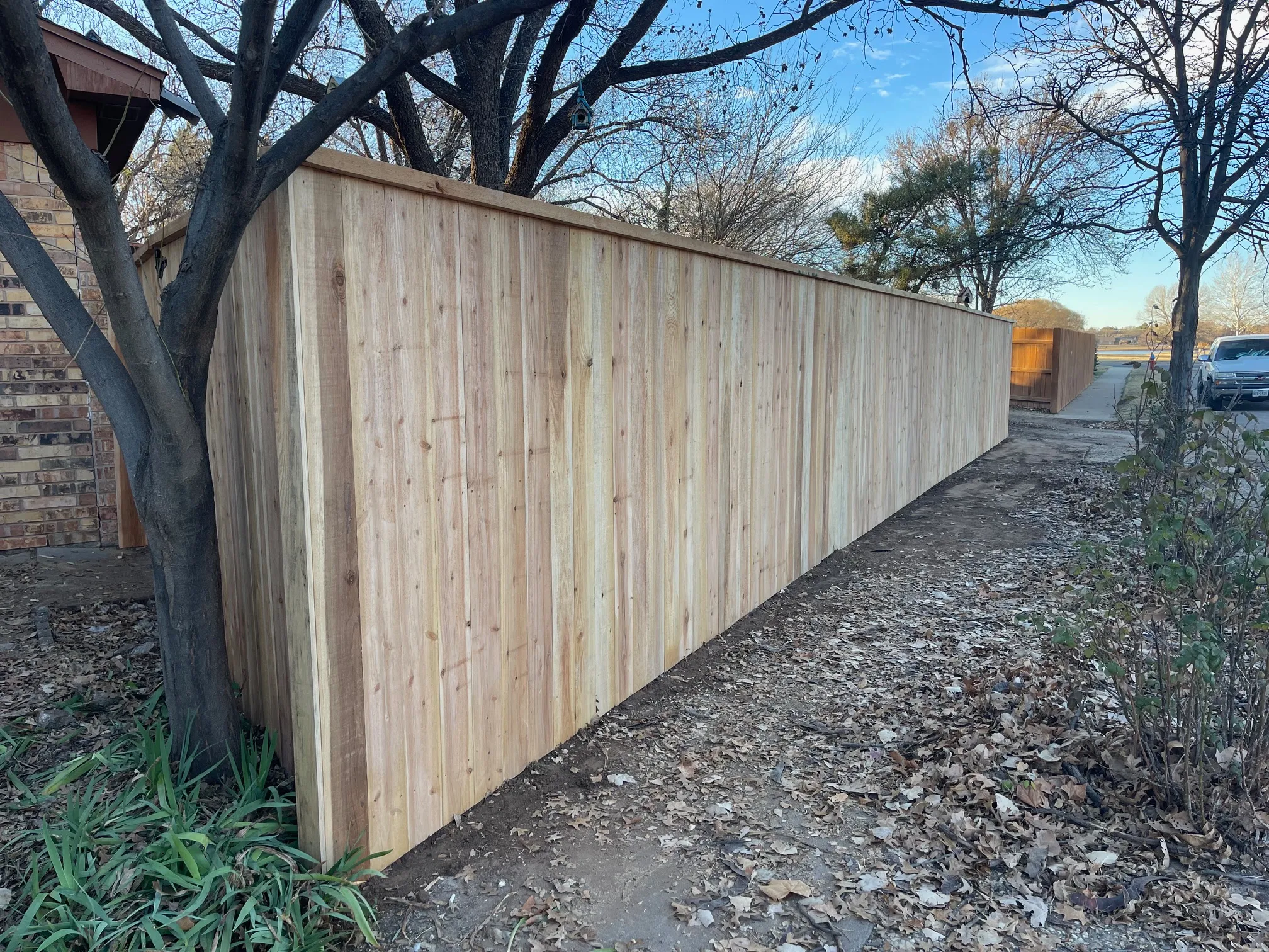 Cedar fence height matched along a gentle slope for level appearance