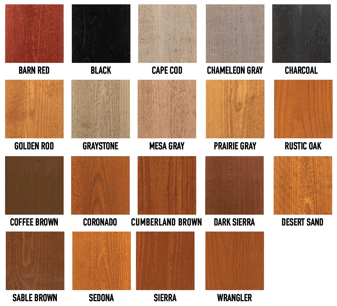 Semi-transparent stain swatch chart showing natural cedar and oak tone options for re-staining fences with UV protection