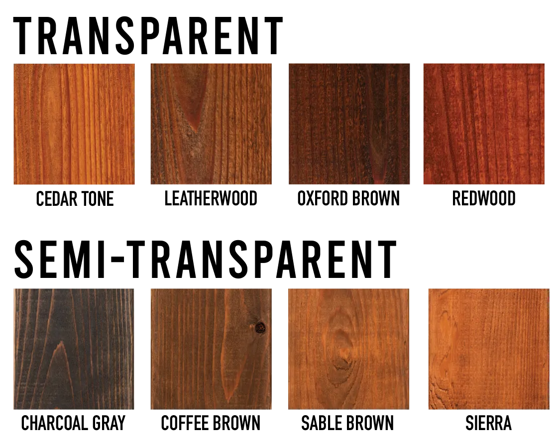 200 Series multipurpose stain color swatch chart showing transparent and semi-transparent options for fences and decks