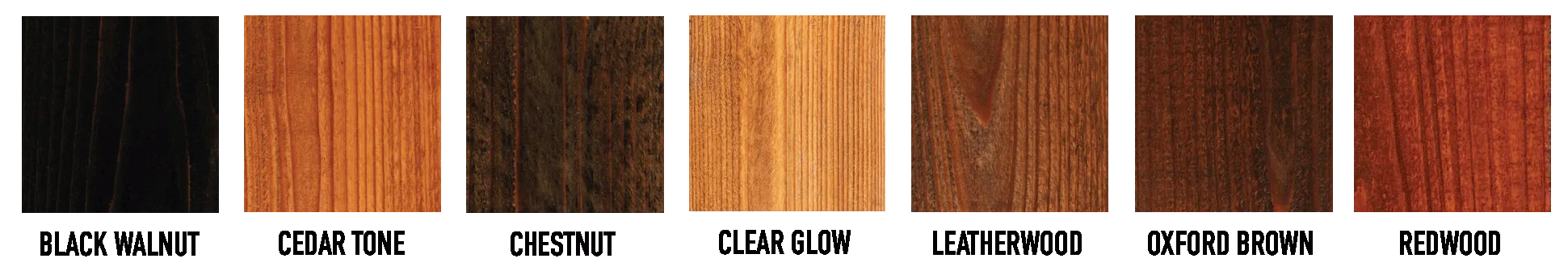 Transparent stain color swatch chart with UV-resistant cedar fence stain options.